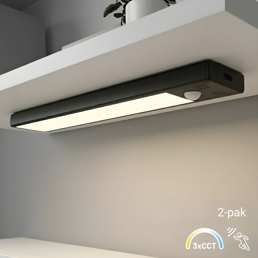 Set of 2 VIRO rechargeable LED furniture lights with motion and dusk sensor, 1 W LED, 3.7 V, 800 mAh, 3000/4000/6500 K, 20 cm, Black