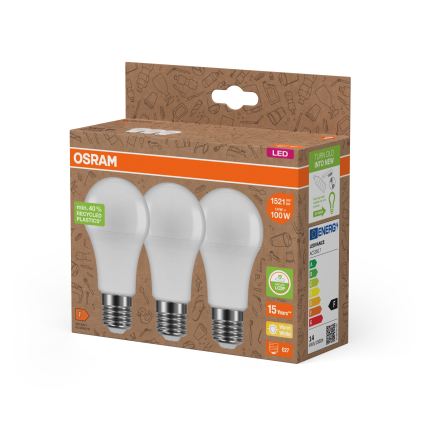 Set of 3 A100 LED bulbs made from recycled plastic, E27/14W/230V, 2700K - Osram