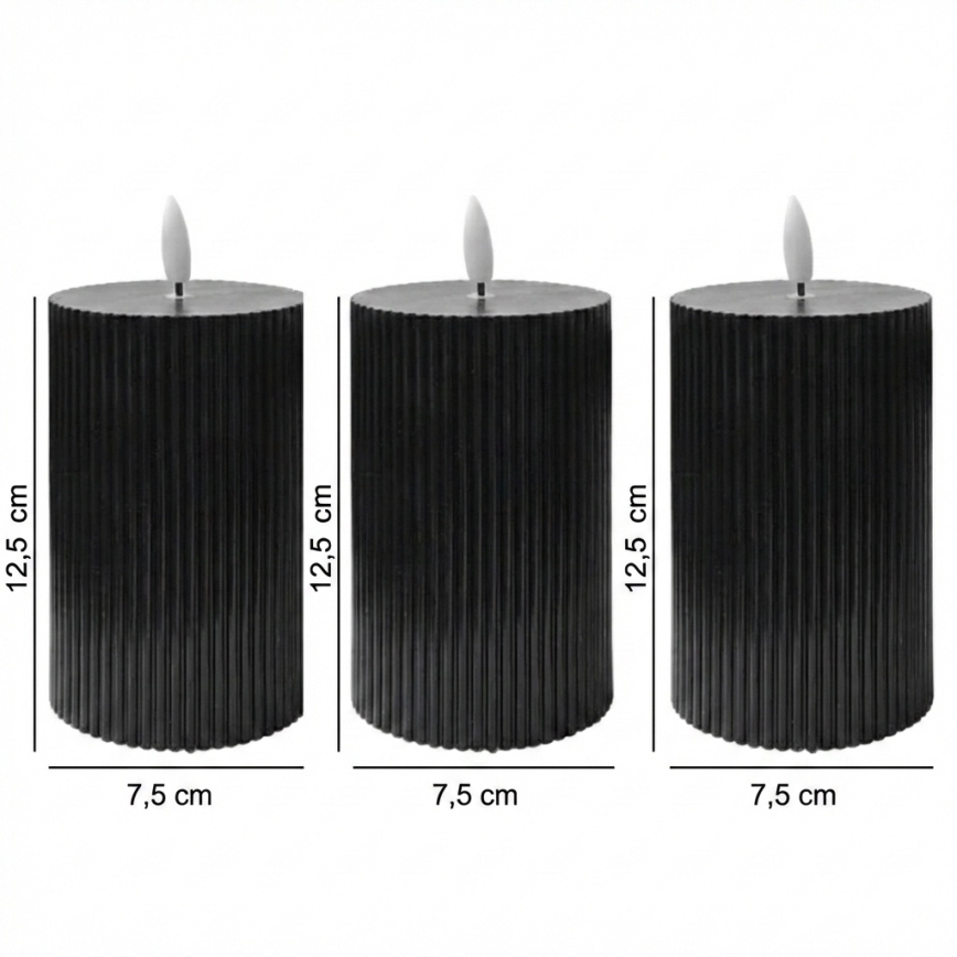 Set of 3 BRILLO LED Candles, 12.5 cm, Black — Battery-powered (2×AA) with Remote Control