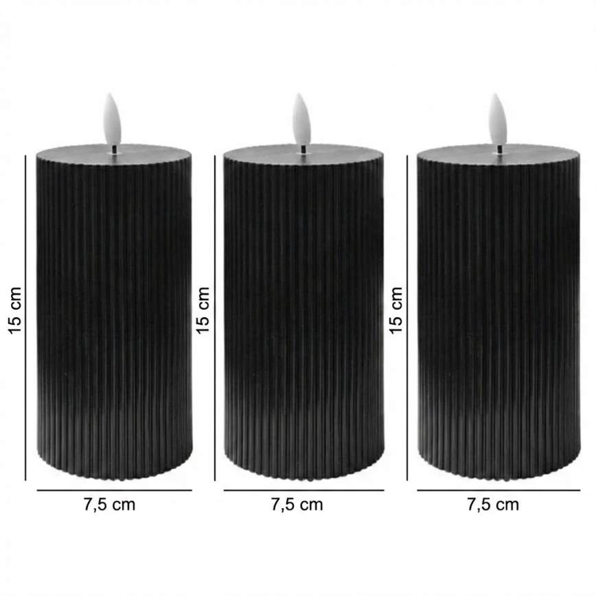 Set of 3 BRILLO LED Candles, 15 cm, Black, Battery-operated (2×AA) with Remote Control
