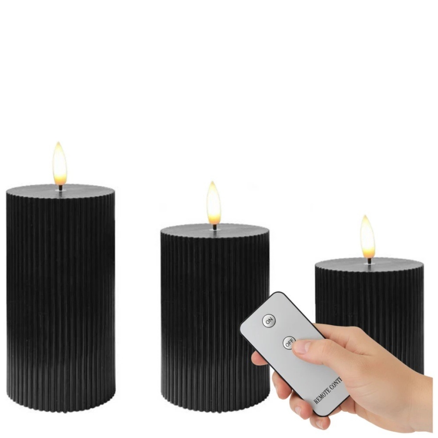 Set of 3 BRILLO LED Candles (LED/2×AA), black, with remote control