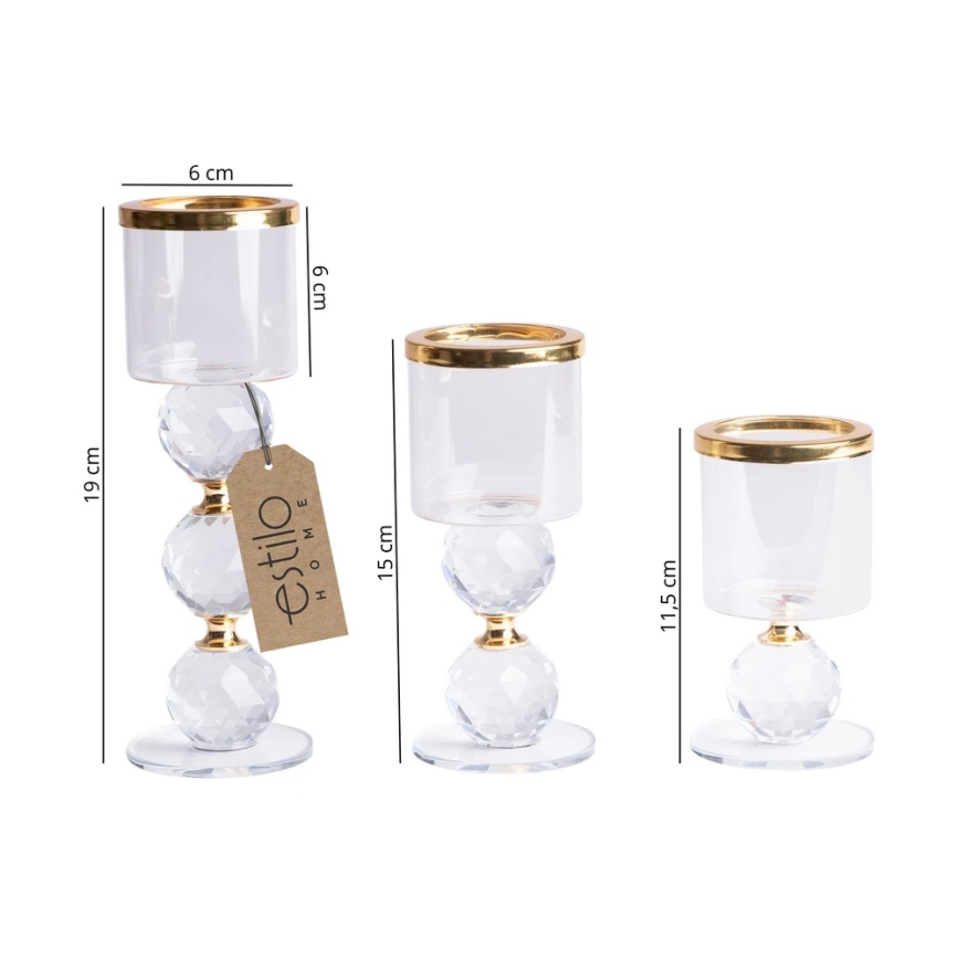 Set of 3 Gold/Clear Candle Holders