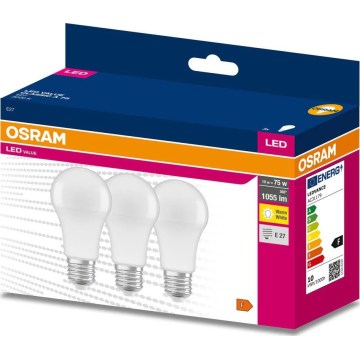 Set of 3 LED A60 bulbs E27, 10W, 230V, 3000K - Osram