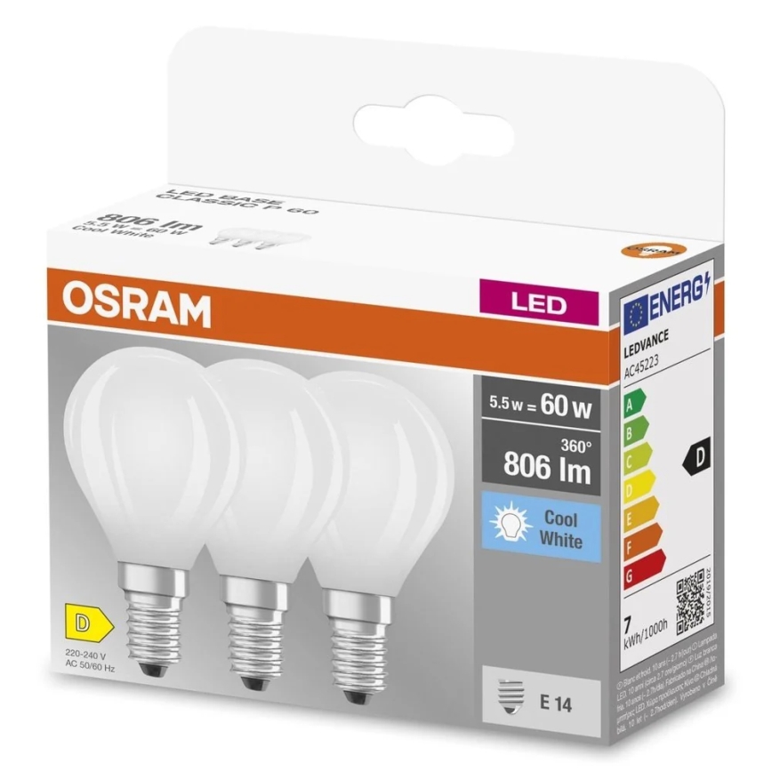 Set of 3 LED Base Classic Filament bulbs E14/5,9W/230V 4000K - Osram