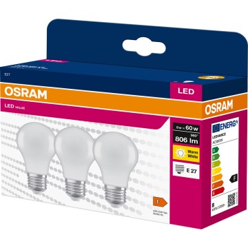 Set of 3 LED Bulbs A60 E27/8W/230V 3000K - Osram