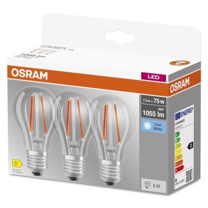 Set of 3 LED bulbs BASE CLASSIC FILAMENT A60 E27/7.5W/230V 4000K - Osram