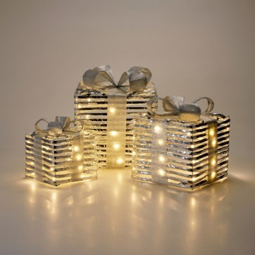 Set of 3 LED Christmas decorations: 20xLED/2xAA + 30xLED/3xAA + 40xLED/3xAA, warm white, gifts/silver