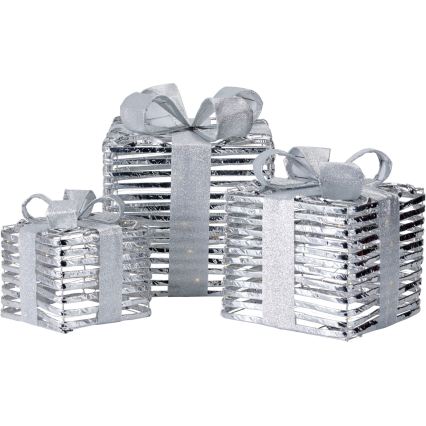 Set of 3 LED Christmas decorations: 20xLED/2xAA + 30xLED/3xAA + 40xLED/3xAA, warm white, gifts/silver