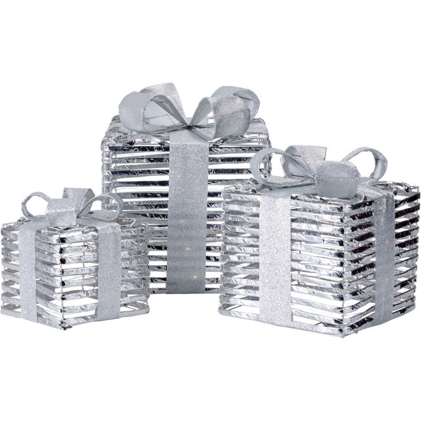 Set of 3 LED Christmas decorations: 20xLED/2xAA + 30xLED/3xAA + 40xLED/3xAA, warm white, gifts/silver
