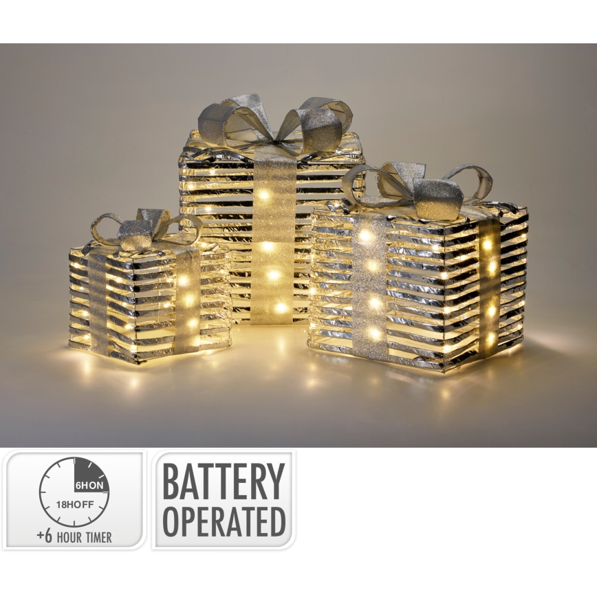 Set of 3 LED Christmas decorations: 20xLED/2xAA + 30xLED/3xAA + 40xLED/3xAA, warm white, gifts/silver