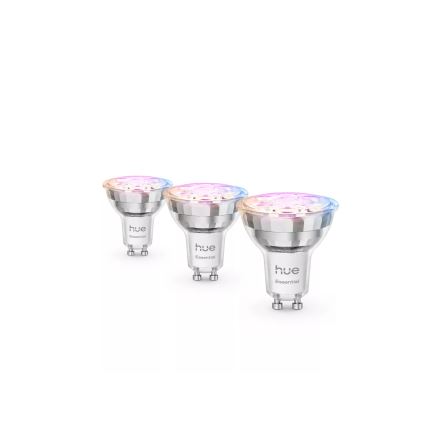 Set of 3 Philips Hue White and Color Ambiance Essential GU10 dimmable LED bulbs, 4.7W, 230V, 2200–6500K