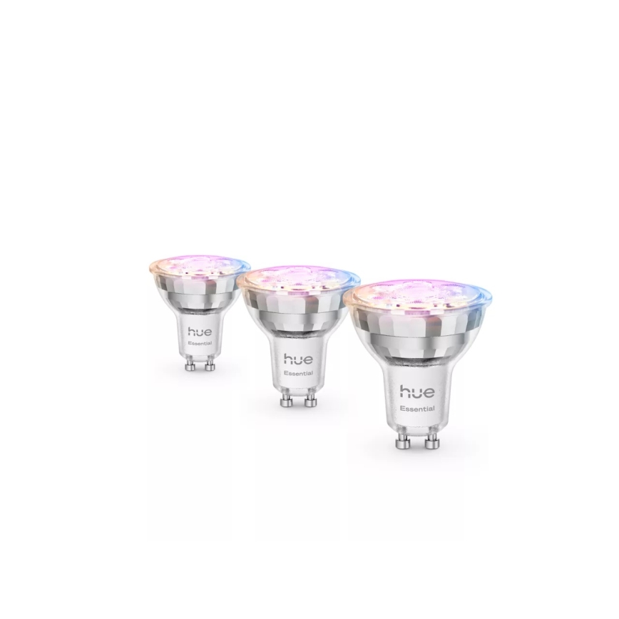 Set of 3 Philips Hue White and Color Ambiance Essential GU10 dimmable LED bulbs, 4.7W, 230V, 2200–6500K