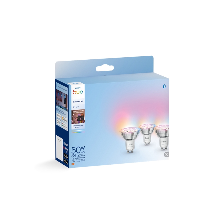 Set of 3 Philips Hue White and Color Ambiance Essential GU10 dimmable LED bulbs, 4.7W, 230V, 2200–6500K