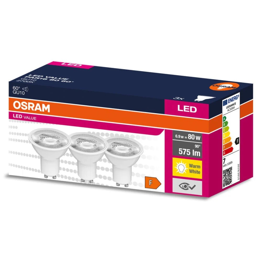 Set of 3 LED PAR16 GU10 Reflector Bulbs, 6.9W, 230V, 2700K, 60° - Osram
