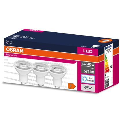 Set of 3 LED PAR16 GU10 reflector lamps, 6.9W, 230V, 6500K, 60° - Osram