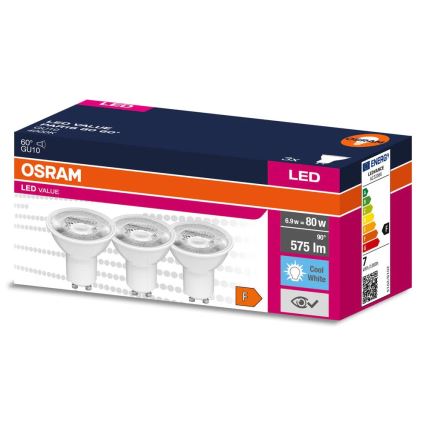 Set of 3 LED PAR16 reflector bulbs GU10/6,9W/230V 4000K 60° - Osram
