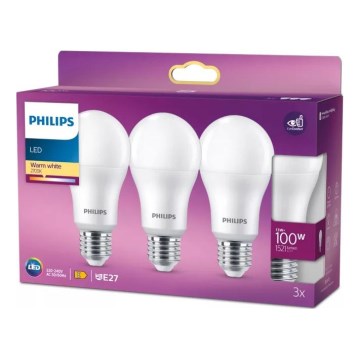 Set of 3 Philips A60 LED Bulbs E27/13W/230V 2700K