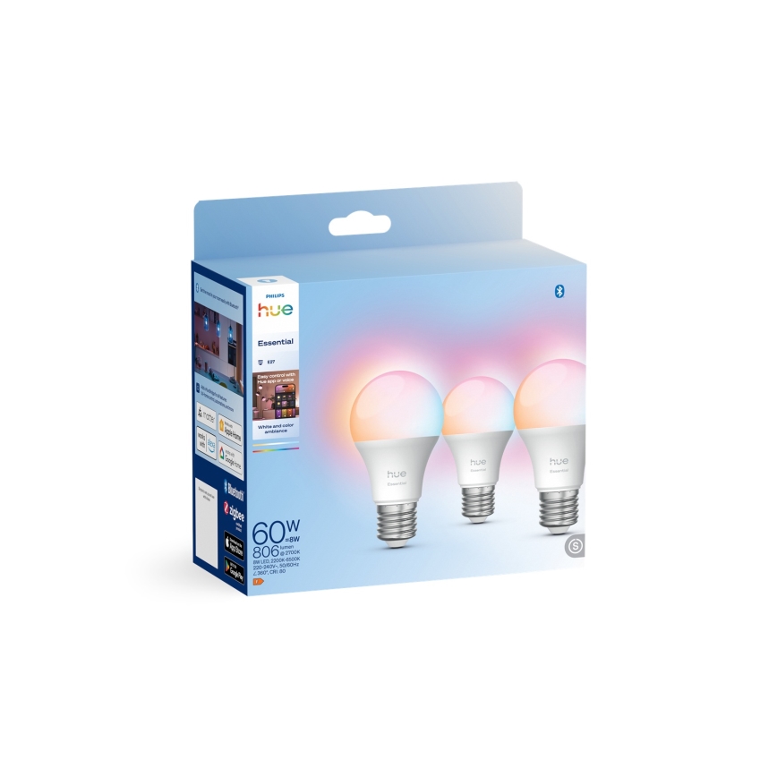 Pack of 3 Philips Hue White and Color Ambiance Essential Dimmable LED Bulbs E27, 8W, 230V, 2200–6500K