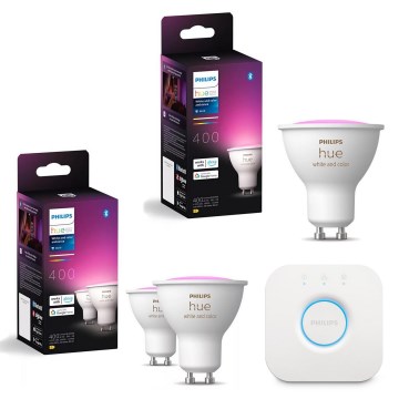 Set of 3 Philips Hue White and Color Ambiance GU10 RGBW dimmable LED bulbs, 4.2 W/230 V, 2000–6500 K + Hue Bridge