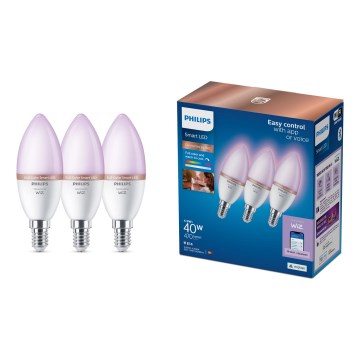 Set of 3 Philips SMART C37 E14 RGB Dimmable LED Bulbs 4.9W/230V 2200-6500K CRI 90