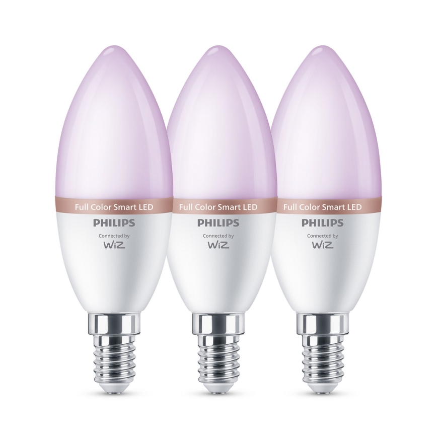 Set of 3 Philips SMART C37 E14 RGB Dimmable LED Bulbs 4.9W/230V 2200-6500K CRI 90