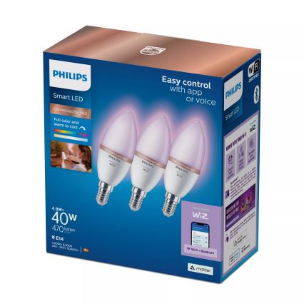 Set of 3 Philips SMART C37 E14 RGB Dimmable LED Bulbs 4.9W/230V 2200-6500K CRI 90