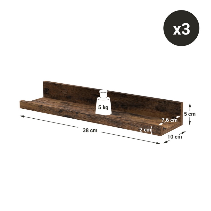 Set of 3 SHELFY wall-mounted shelves, 38 × 5 × 10 cm, brown
