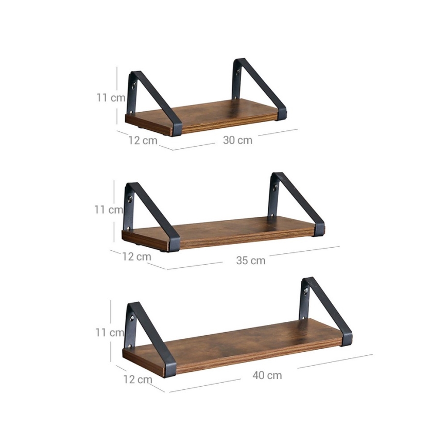 Set of 3 SHELFY Wall Shelves, Brown/Black