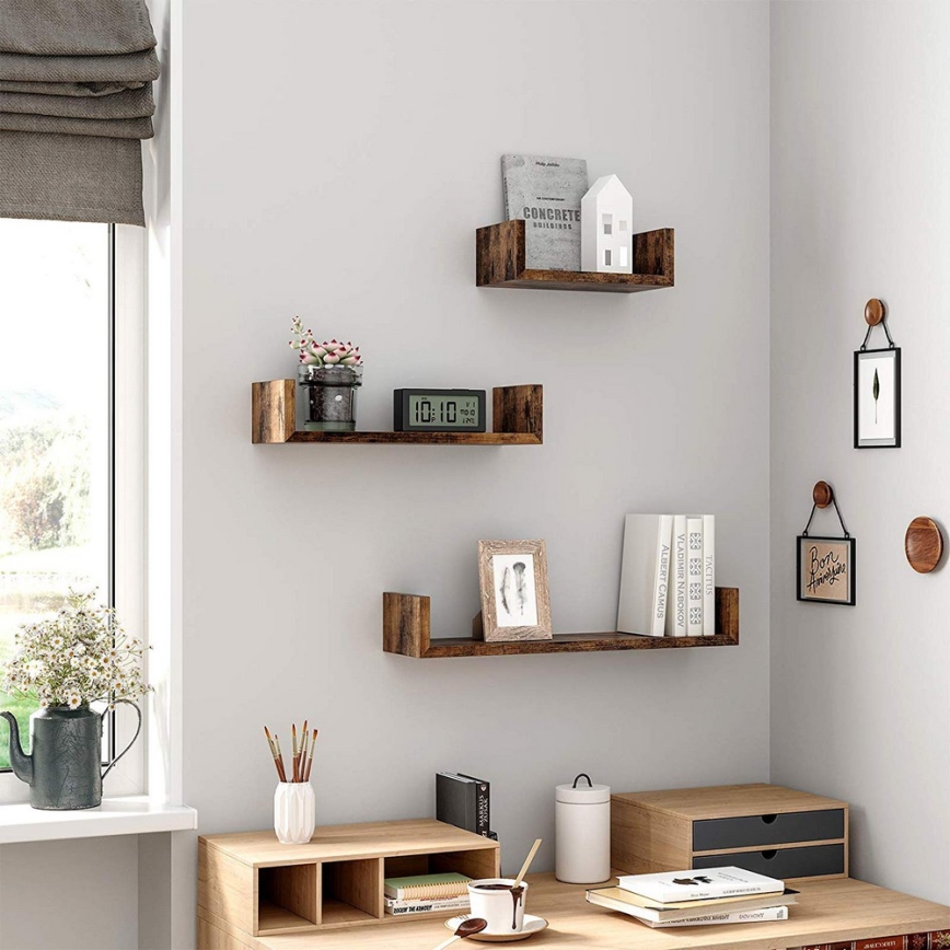 Set of 3 SHELFY Wall Shelves – Brown