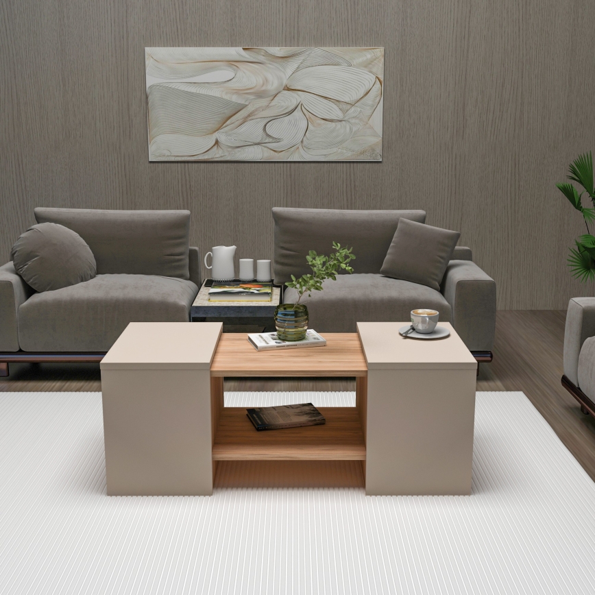 Set of 3 SOLIS coffee tables 45/45/100x30/30/40 cm beige/spruce