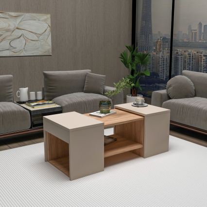Set of 3 SOLIS coffee tables 45/45/100x30/30/40 cm beige/spruce