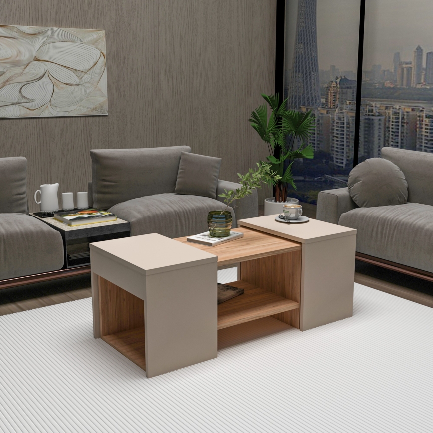 Set of 3 SOLIS coffee tables 45/45/100x30/30/40 cm beige/spruce