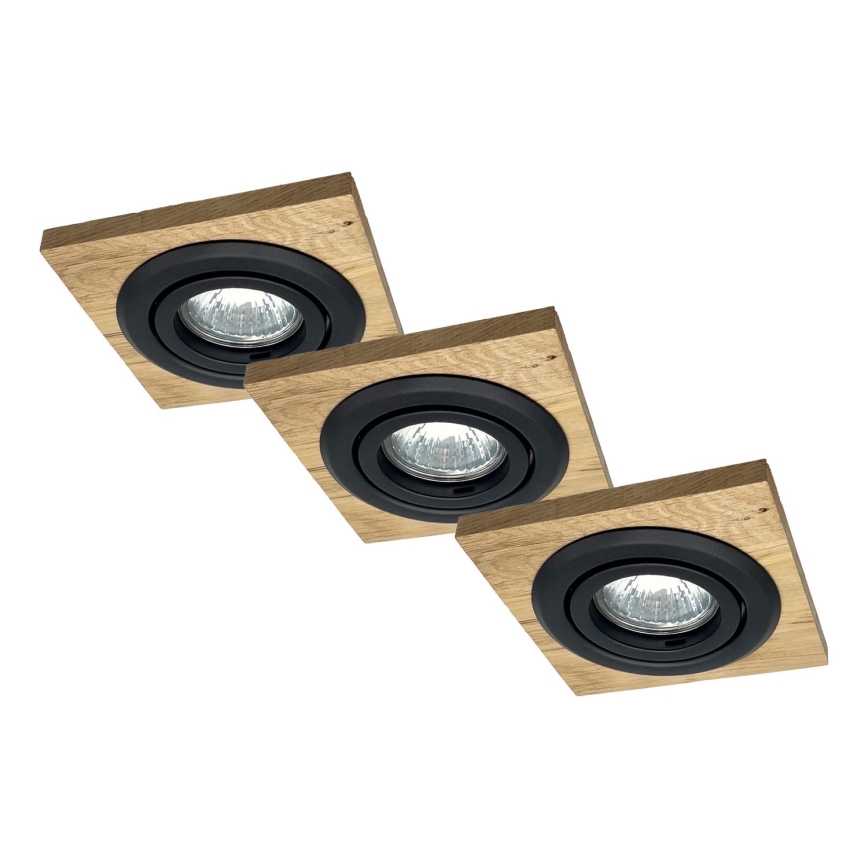 Set of 3 TOBBY recessed downlights, 1 x GU10 / 20W / 230V, 11.5 x 11.5 cm, oak/black