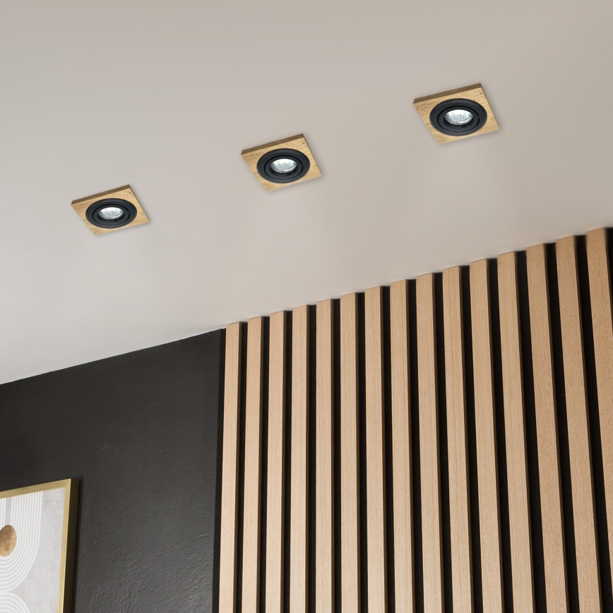 Set of 3 TOBBY recessed downlights, 1 x GU10 / 20W / 230V, 11.5 x 11.5 cm, oak/black