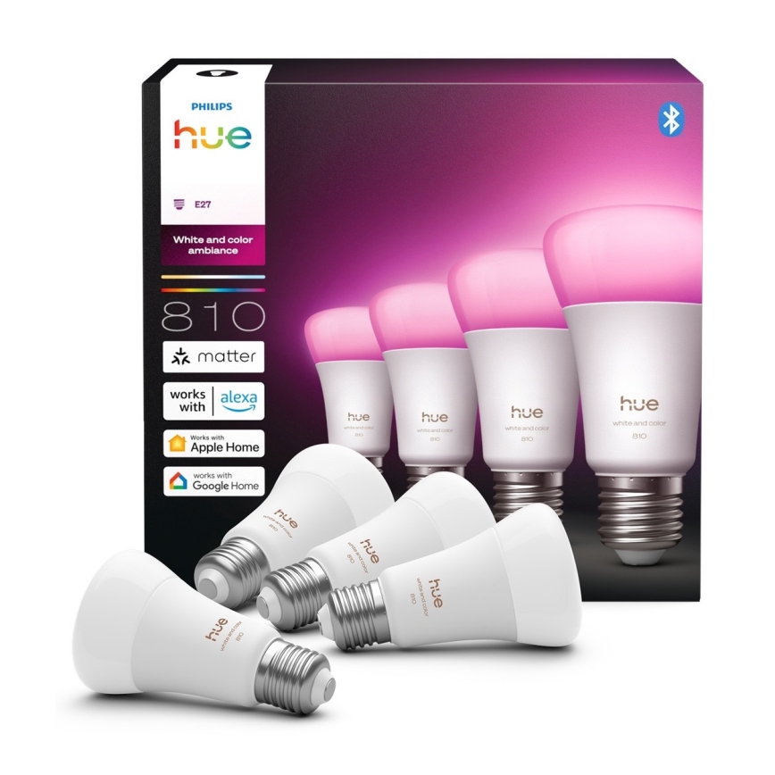 Set of 4 Dimmable Philips Hue White and Color Ambiance LED Bulbs E27/6W/230V 1000-20000K