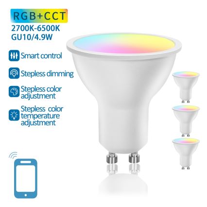 Set of 4 Smart Dimmable LED RGBW GU10 Bulbs, 4.9W/230V 2700-6500K - Aigostar