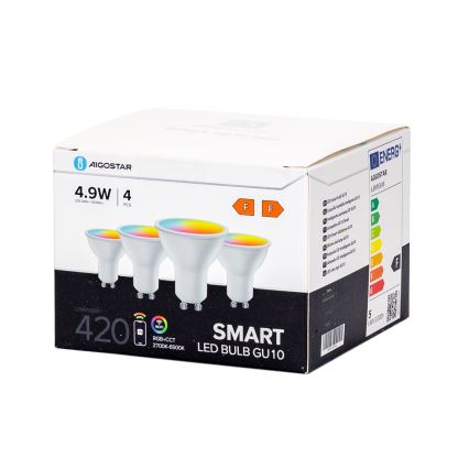 Set of 4 Smart Dimmable LED RGBW GU10 Bulbs, 4.9W/230V 2700-6500K - Aigostar