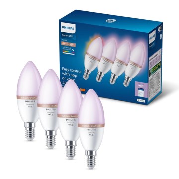 Set of 4 Philips SMART C37 E14 RGB LED Dimmable Bulbs 5W/230V 2200–6500K
