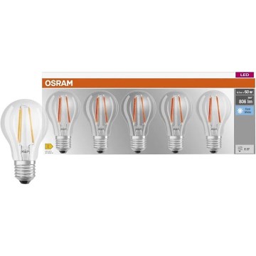 Set of 5 BASE CLASSIC FILAMENT A60 LED Bulbs E27, 7W, 230V, 4000K - Osram