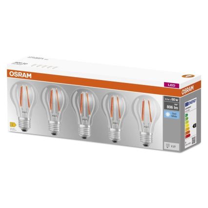 Set of 5 BASE CLASSIC FILAMENT A60 LED Bulbs E27, 7W, 230V, 4000K - Osram