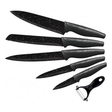 Set of kitchen knives 5 pcs + peeler marble/black