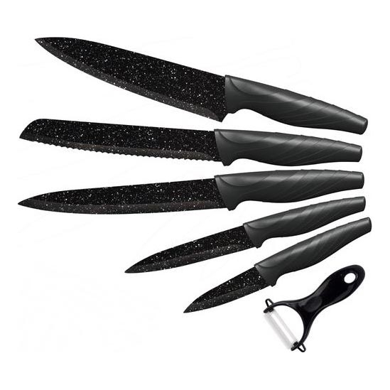Set of kitchen knives 5 pcs + peeler marble/black