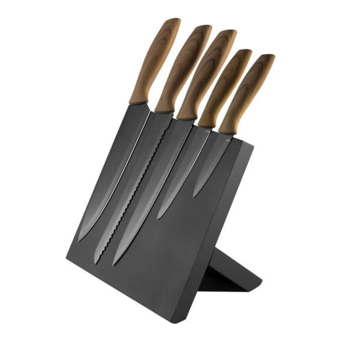 Set of stainless steel knives 5 pcs with a magnetic stand wood/black