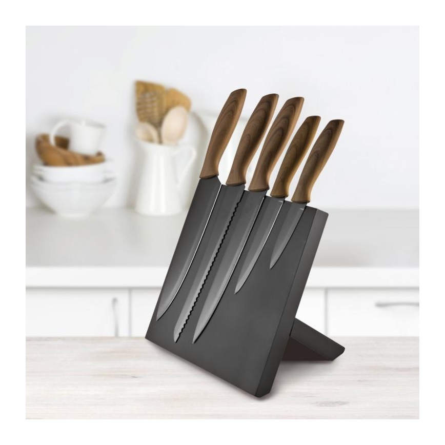 Set of stainless steel knives 5 pcs with a magnetic stand wood/black