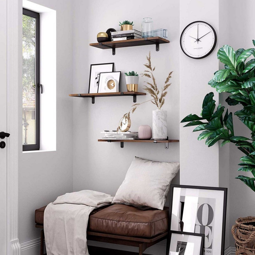 SHELFY Set of 2 Wall Shelves, Brown/Black