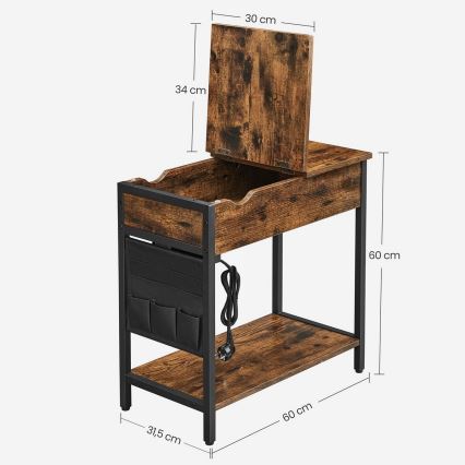 Side table with built-in power outlets and USB ports ELDUR brown/black
