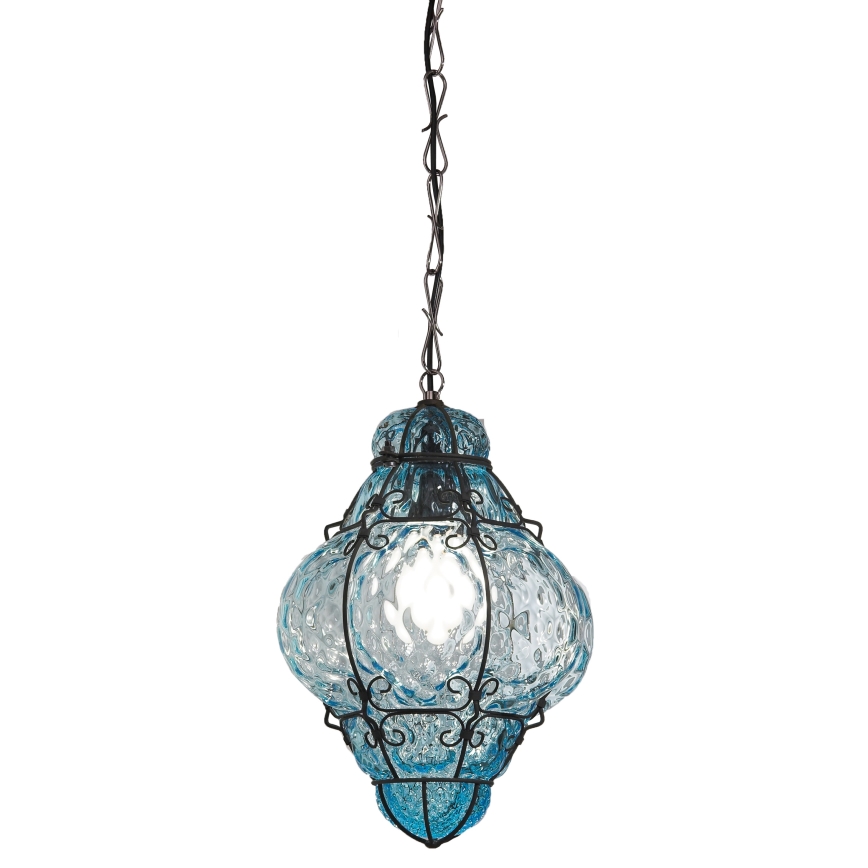 SIRU- Chandelier on a chain CLASSIC 1xE27/60W/230V d. 30 cm blue/black Venetian glass