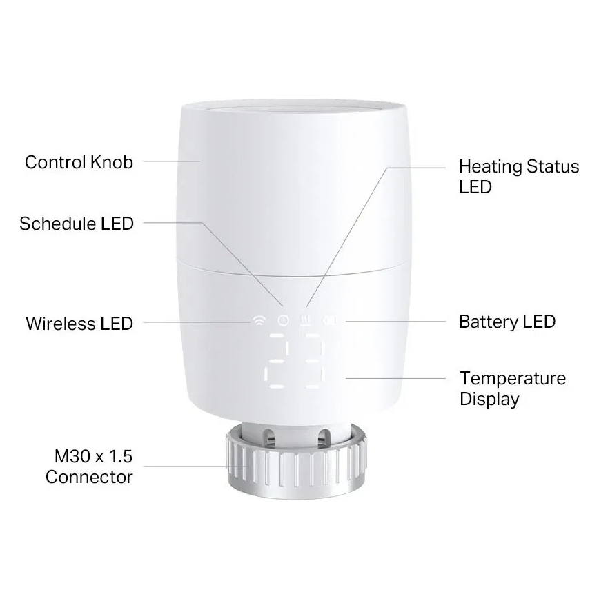 Smart thermostatic radiator valve with LCD display, battery-powered (2× AA), Tuya-compatible