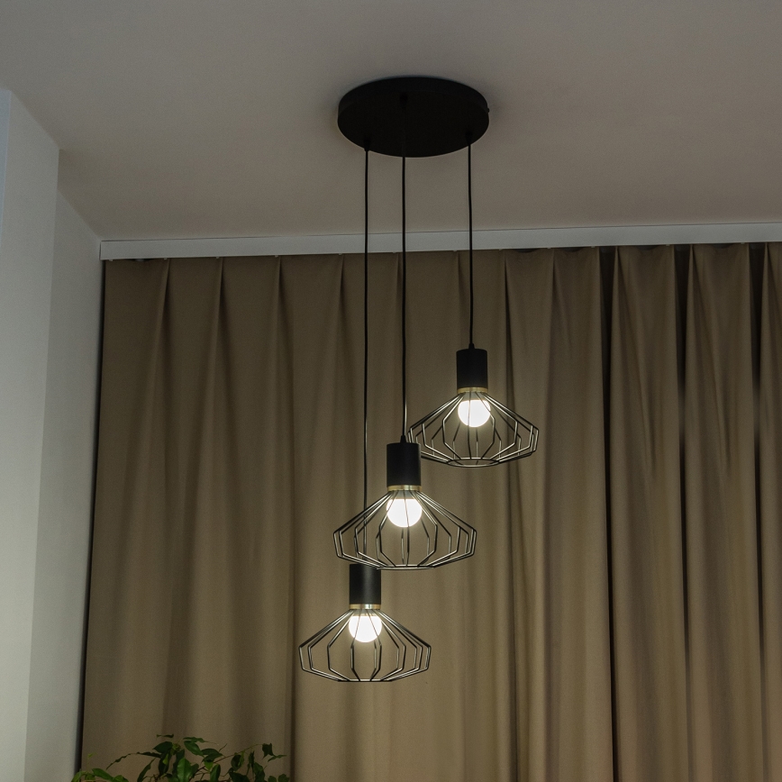SOLANO Cable-Hung Chandelier, 3x E27/15W/230V, Black/Gold