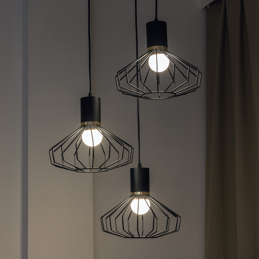 SOLANO Cable-Hung Chandelier, 3x E27/15W/230V, Black/Gold